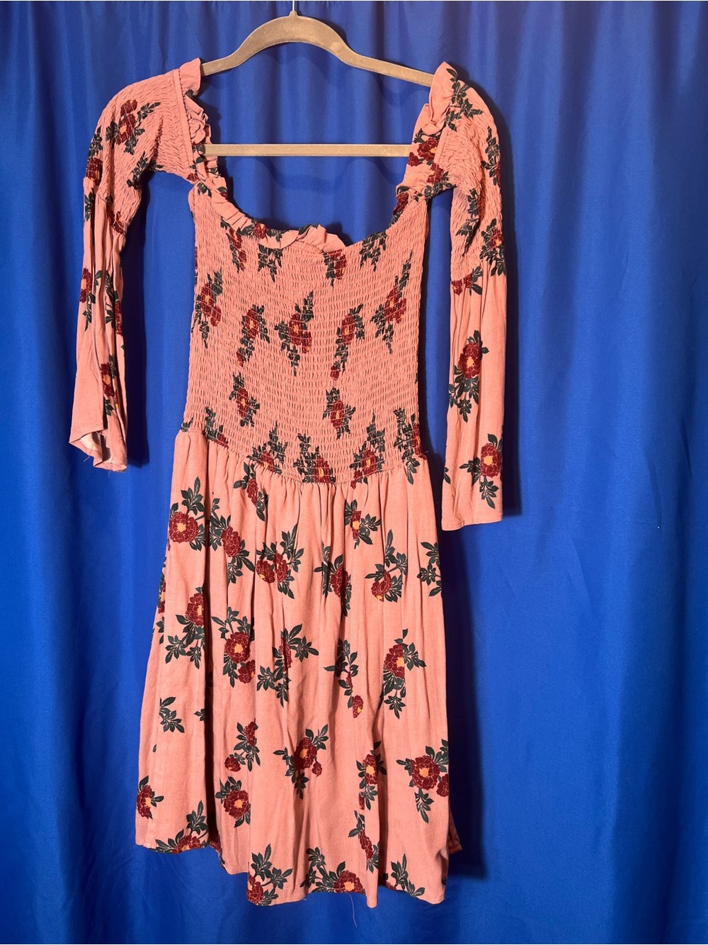Smocked Pink Floral Mini Dress with Long Sleeves
